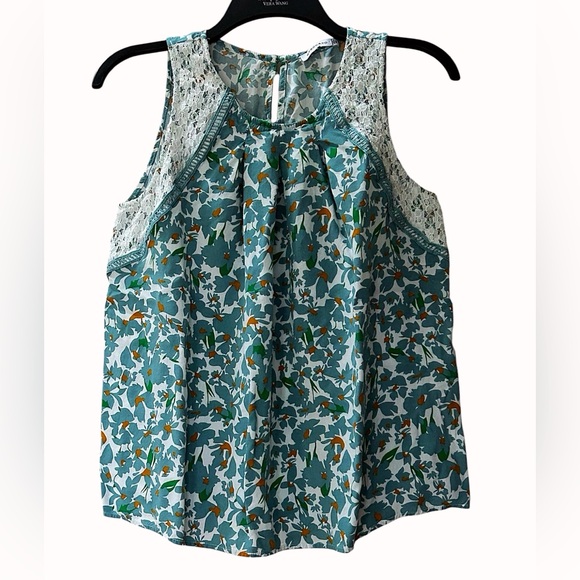 Staccato Tops - Staccato Teal Floral White Lace Trim Lightweight Tank Top Size M